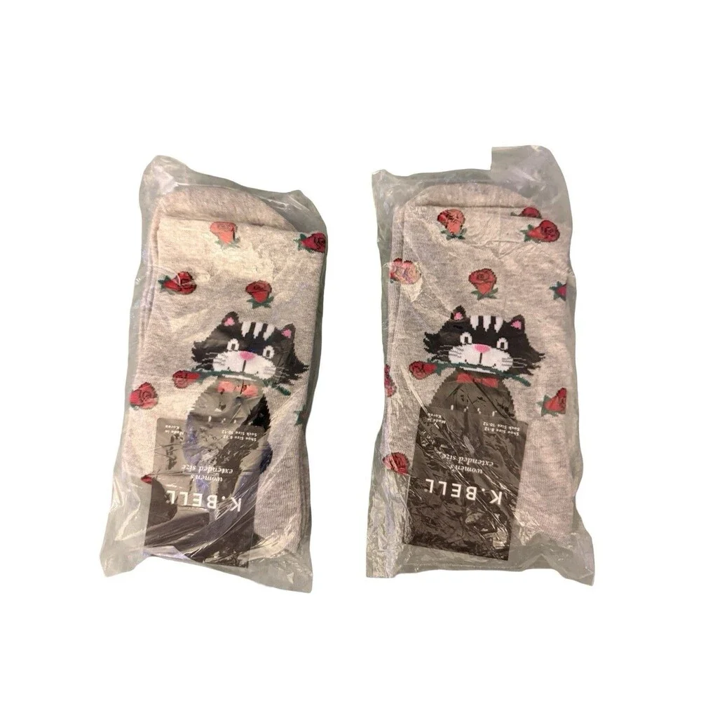 K Bell Womens Crew Socks 2 Pair Lot Cat Roses Gray Novelty Size 8-12 New